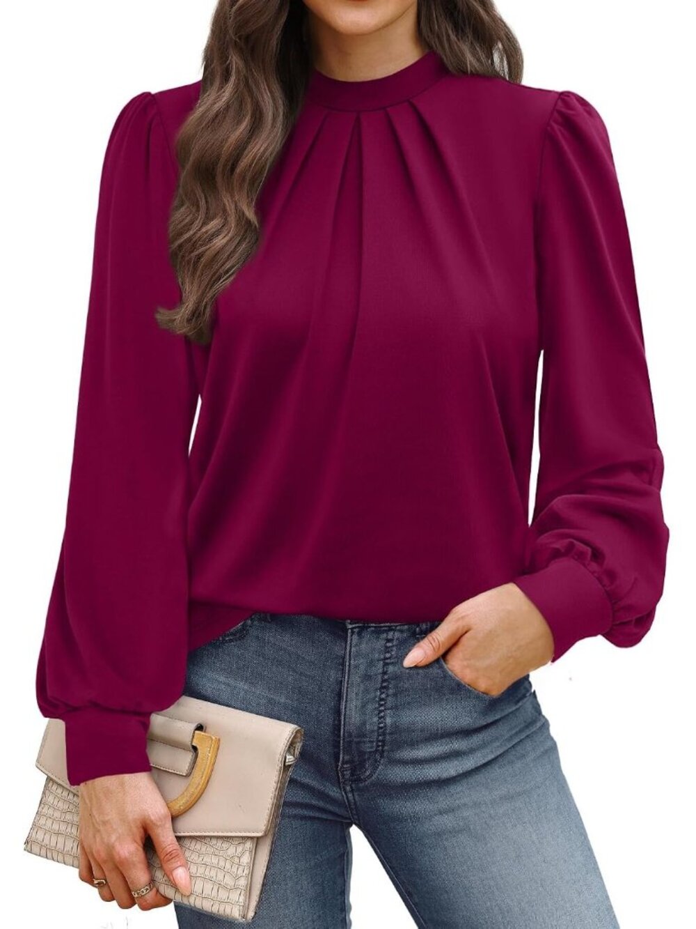 👗 Women's Purple Red Long Sleeve Shirts Pleated Front Blouses Mock Neck Top